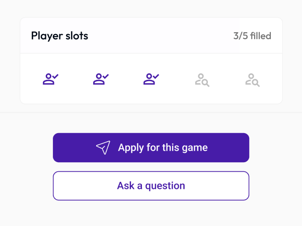 A game with three of five player slots filled, with buttons to apply for the game or ask a question.